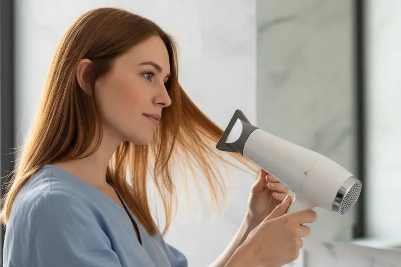 Hete föhn op korte afstand van nat haar