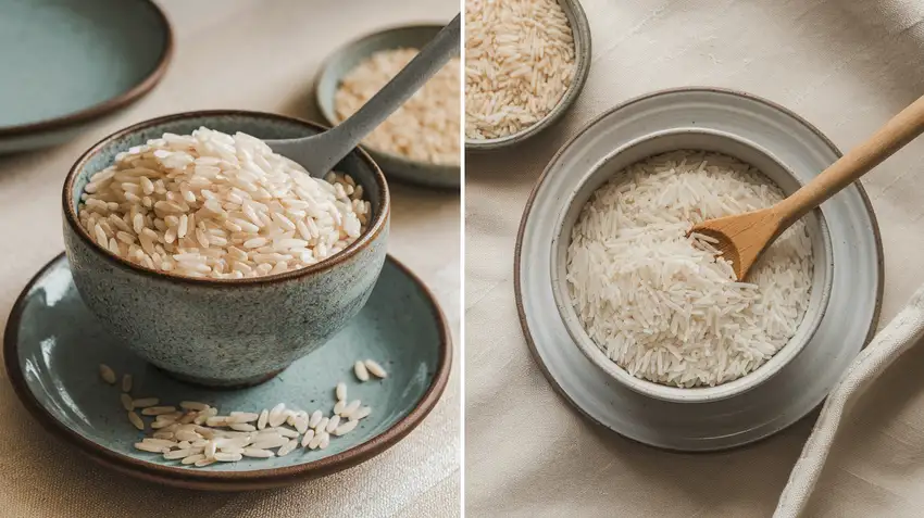 Schalen met verschillende rijstsoorten en groenten