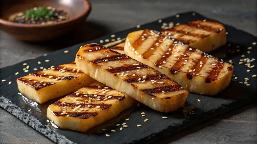 Gegrilde daikon met miso-glazuur en sesam