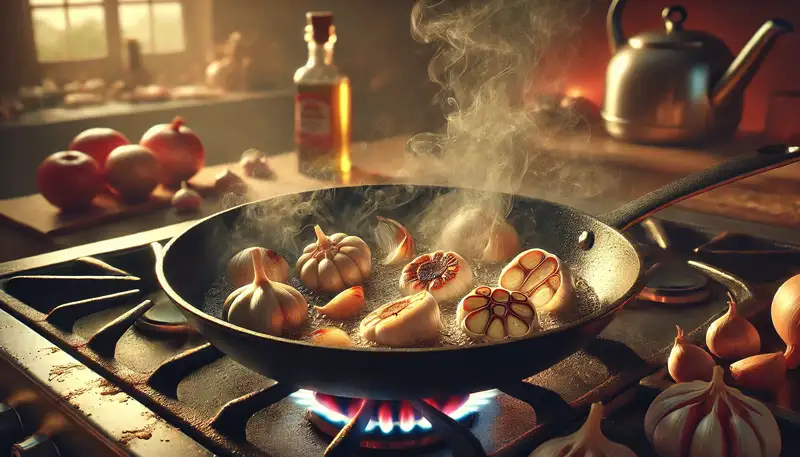 Koken met knoflook en uien