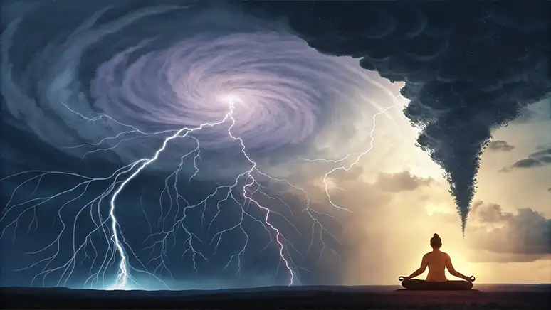 Persoon in diepe meditatie, omringd door kalmte