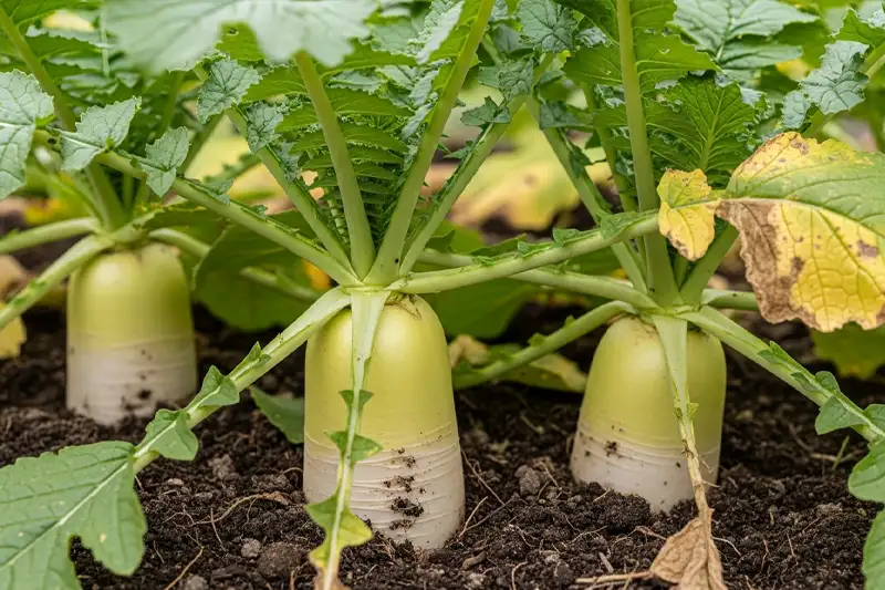 Daikonplant in volle grond tijdens groeifase