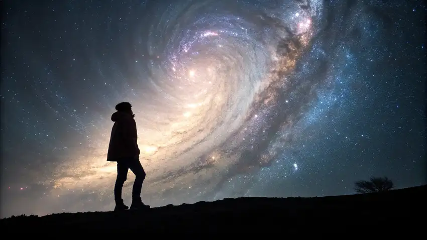 Een gestileerde weergave van een menselijk oog met een universum erin.