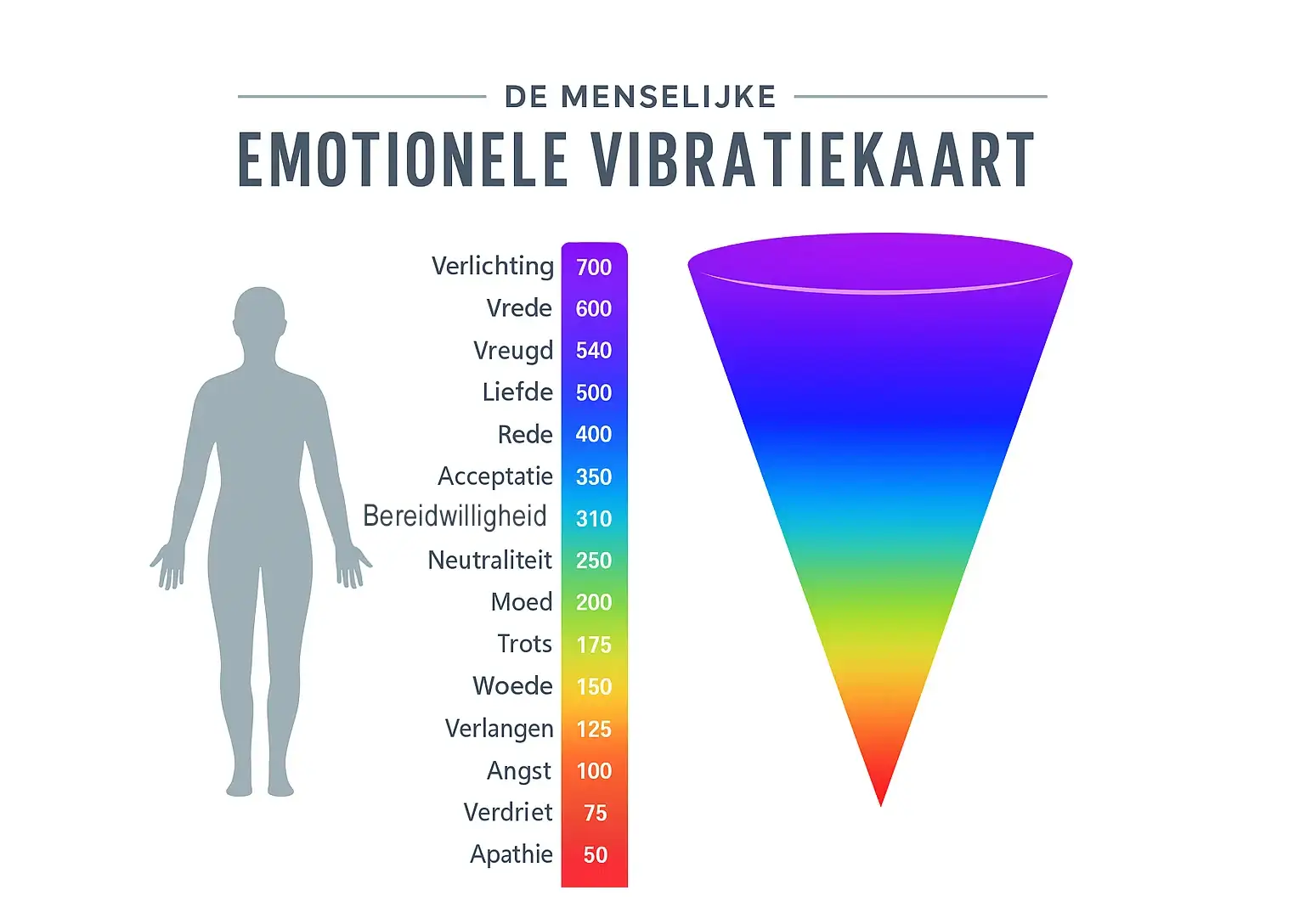 Schematische weergave van de frequentie van emoties volgens David Hawkins