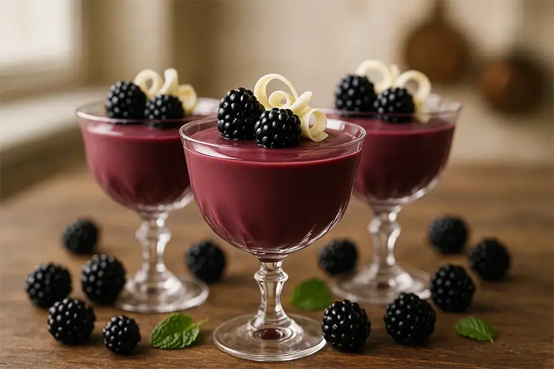 Bramenmousse met witte chocolade geserveerd als dessert in glazen