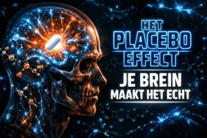 Sfeerbeeld bij het placebo-effect: een gloeiende schedel en profiel met een pil in het brein en de tekst "Het placebo effect: je brein maakt het echt".