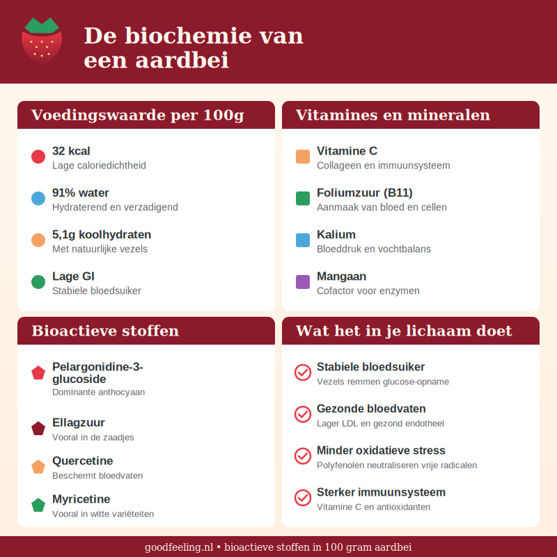 Infographic met voedingswaarde en bioactieve stoffen van aardbeien per 100 gram