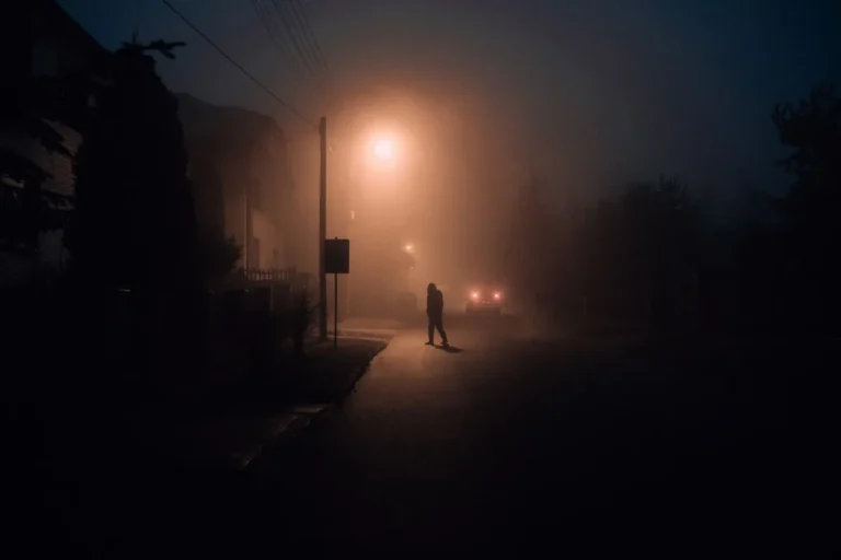 Donkere mistige straat bij nacht met een eenzaam silhouet dat onder een oranje gloeiende lantaarn staat. Op de achtergrond een waas met de koplampen van een naderende auto. Sfeer van isolatie en onzichtbaar gevaar.