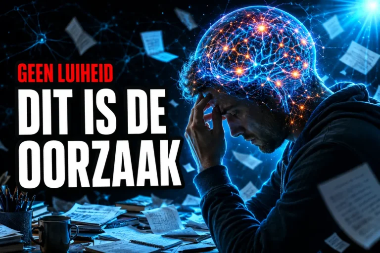Een man in een hoodie zit aan een overvol bureau vol papieren, boeken en pennenbakje en houdt vermoeid zijn hand tegen zijn voorhoofd. Boven zijn hoofd zweeft een blauw-oranje gloeiend brein met neurale verbindingen. Tekst links: GEEN LUIHEID, DIT IS DE OORZAAK.