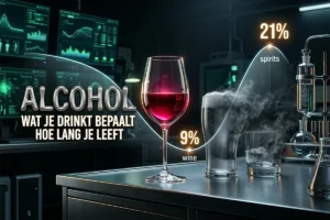 Lab-omgeving met groene monitor-grafieken. Op een stalen werkblad een glas rode wijn, een bierglas en een ijsblokjesglas met sterke drank. Een witte boogcurve loopt van het wijnglas (9 procent wine) omhoog naar de spirits-glas (21 procent spirits). Tekst links: ALCOHOL — WAT JE DRINKT BEPAALT HOE LANG JE LEEFT.