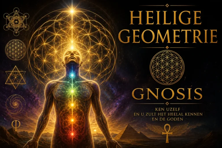Een verlicht silhouet van een staande figuur met zeven kleurige chakras op de torso, omringd door de gouden bloem des levens en sterrenhemel. Symbolen links onder elkaar: Metatrons kubus, bloem des levens, hexagram, spiraal, omega-letter. Rechts een gouden ankh. Tekst: HEILIGE GEOMETRIE GNOSIS, KEN UZELF EN U ZULT HET HEELAL KENNEN EN DE GODEN.