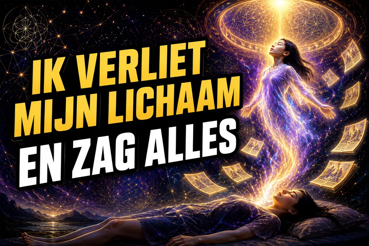 Donker kosmisch achtergrond met sterren. Een vrouw ligt op de rug op een bed, ogen gesloten. Boven haar stijgt haar lichtgevende paarse silhouet rechtop op met armen geopend, voor een groot gouden cirkelvormig mandala-portaal. Gele en witte tekst links: IK VERLIET MIJN LICHAAM EN ZAG ALLES.
