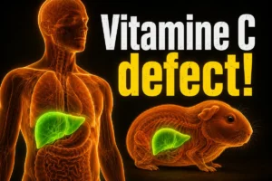 Oranje rontgenachtige anatomische illustratie van een menselijke torso en een cavia naast elkaar op een zwarte achtergrond, beide met een felgroene lever in het midden gemarkeerd. Witte en gele tekst: Vitamine C defect.