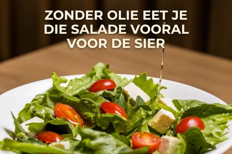 Op een wit bord ligt een salade van groene blaadjes, halve kerstomaten en blokjes witte kaas, waar van boven een dun straaltje olijfolie overheen loopt. Daarboven de kop: zonder olie eet je die salade vooral voor de sier. Foto: Pexels 17194482.