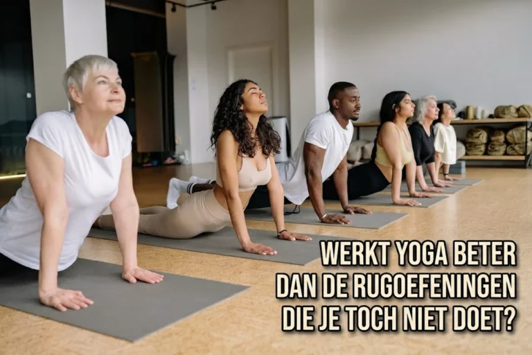 Zes cursisten van uiteenlopende leeftijd op yogamatten in een lichte studio duwen met gestrekte armen hun bovenlichaam omhoog. Rechtsonder de kop: werkt yoga beter dan de rugoefeningen die je toch niet doet? Foto: Pexels 8436605.